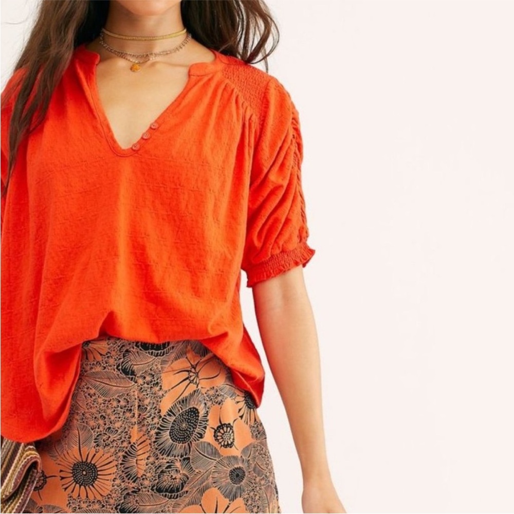 Free People Orange “Fever Dream” Blouse Sz XS - Ruched Sleeve Colorful Bohemian